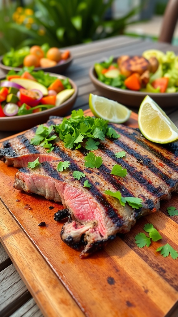 Grilled steak with cilantro and lime wedges on a wooden board with salad and veggies in the background.